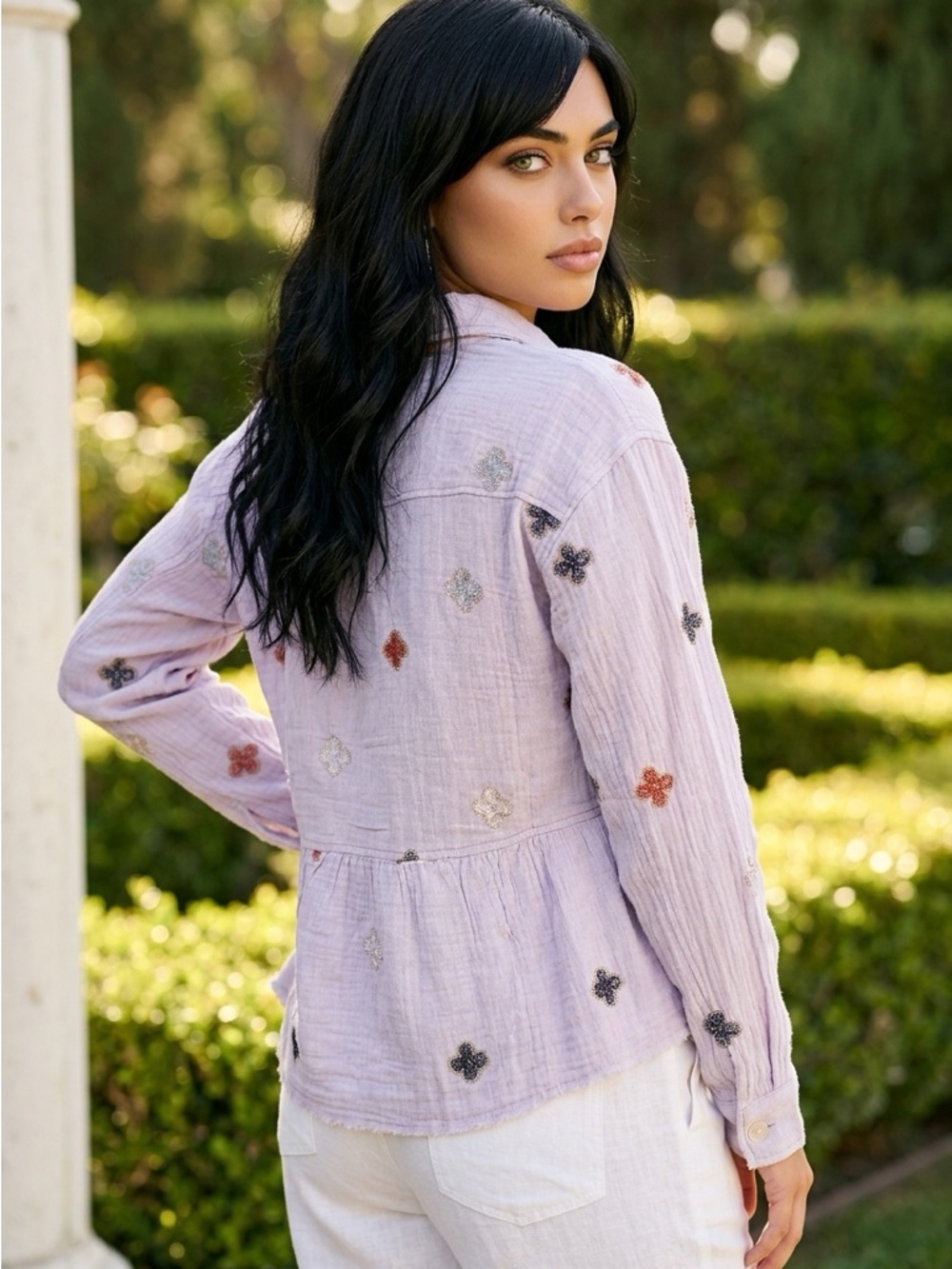 Lilac Embroidered Button-Front Women's top cardigan jacket size LARGE - Picture 3 of 6